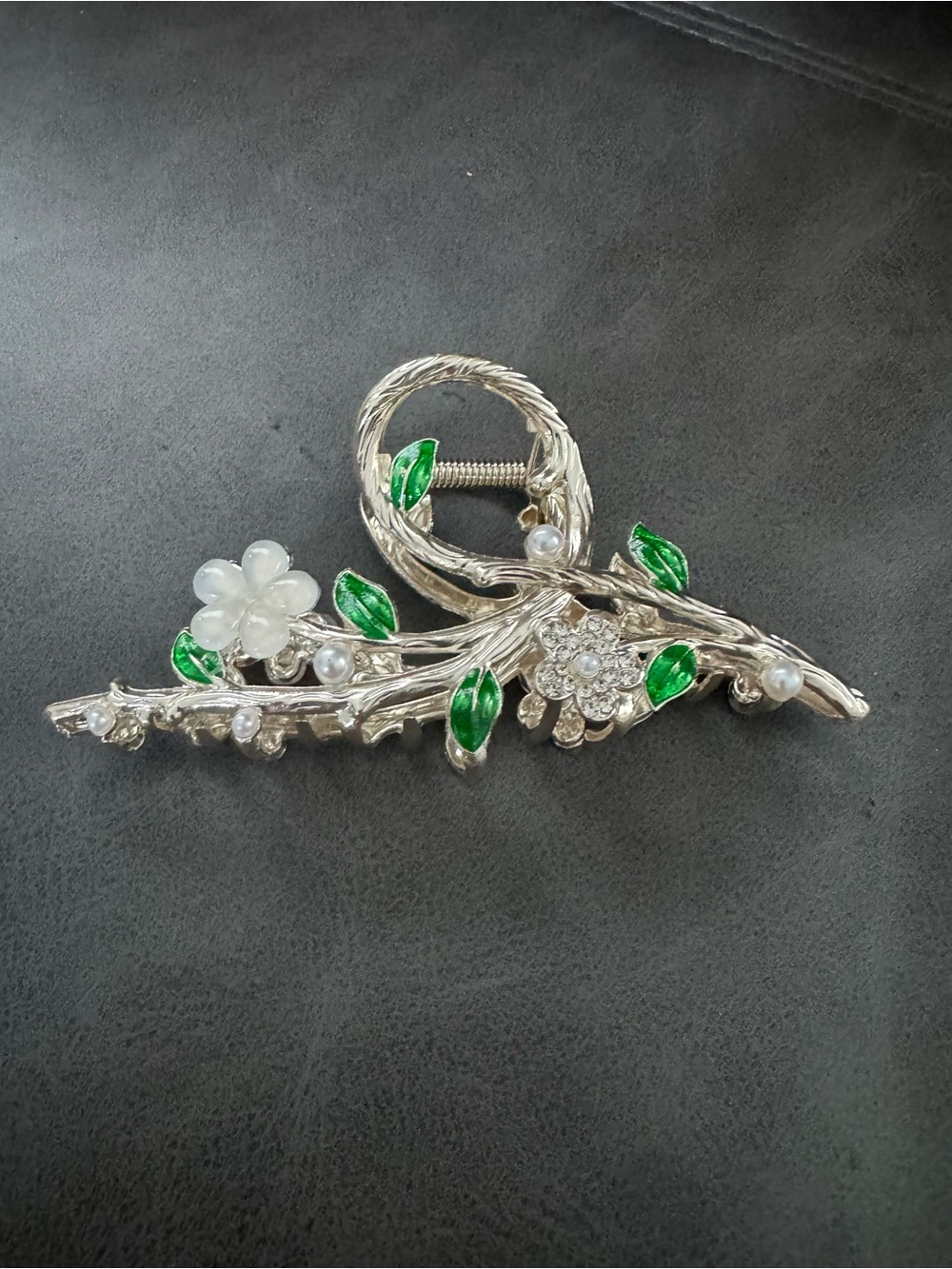 Silver Floral Green Leaf Hair Clip - Women's Jewelry